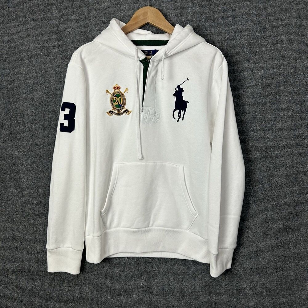 Polo Ralph Lauren Big Pony 20th Anniversary Crest Hoodie Mens Small White Rugby